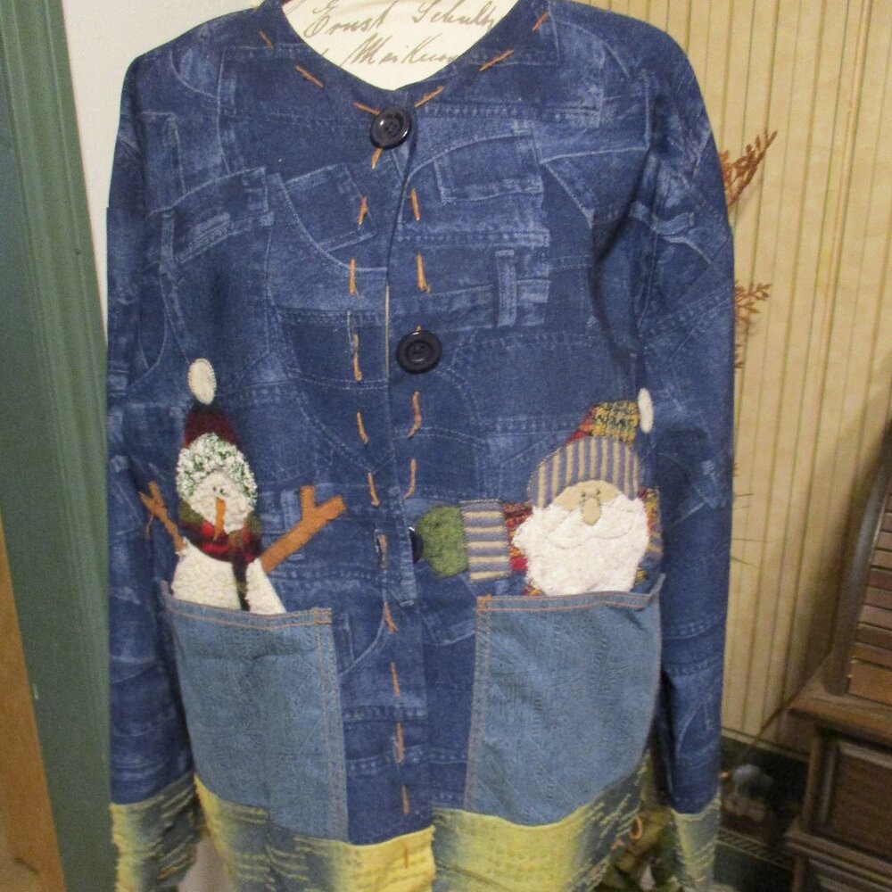 Unbranded Snowman & Santa Appliqued Christmas Denim  Collarless Jacket /One Size
